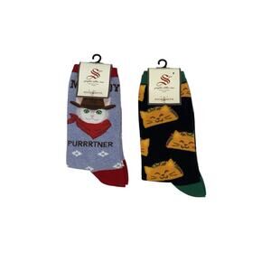 Lot (2) Sock Smith Cat Taco & Howdy Purrrtner Size 9-11 Graphic Cotton Crew